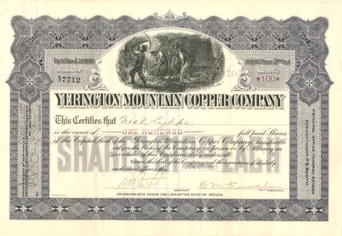 Yerington Mountain Copper Co. - Stock Certificate